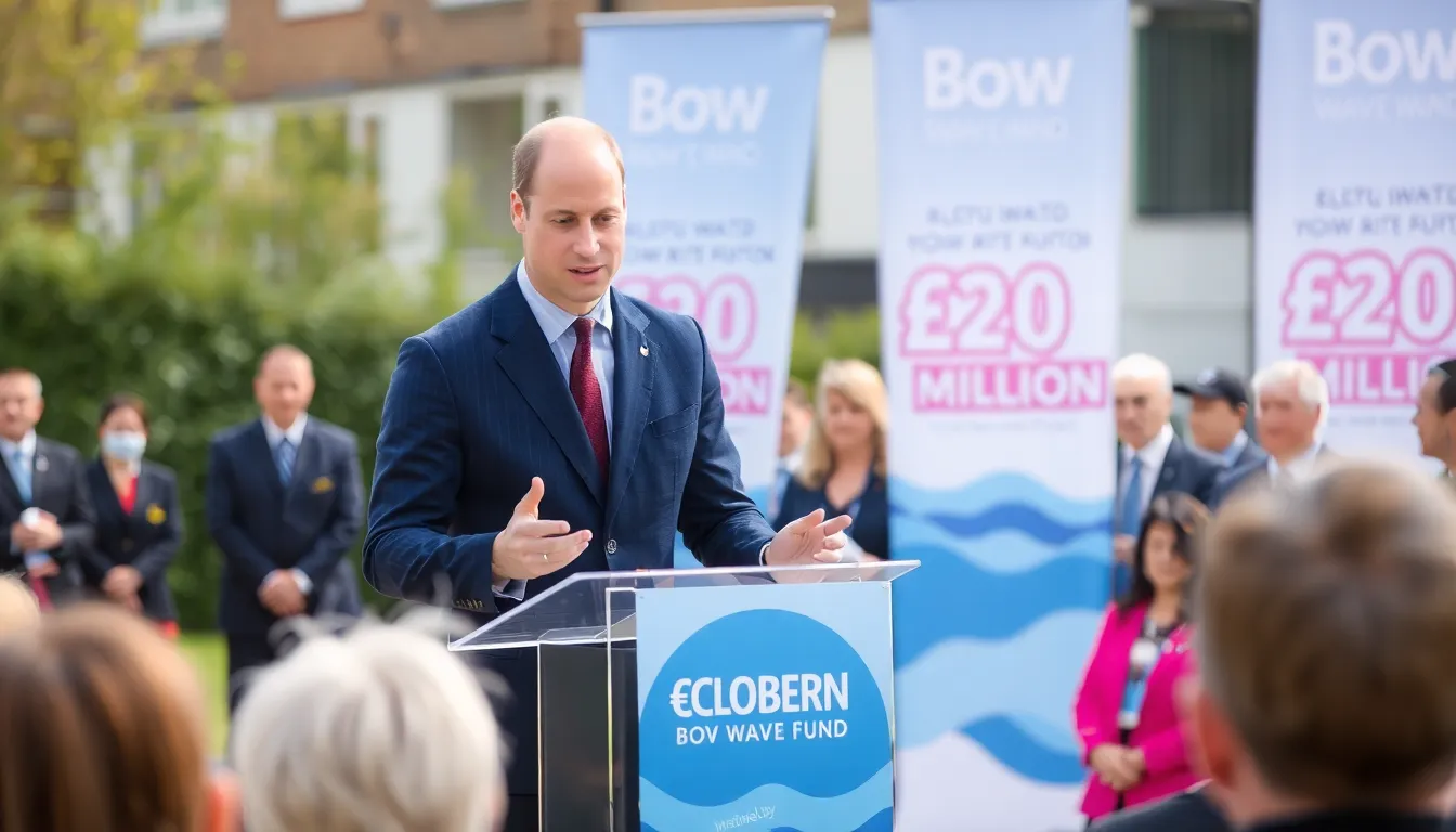 Prince William stands at a podium, smiling as he celebrates the £20 million milestone for the Bowelbabe fund, surrounded by supporters and banners promoting bowel cancer awareness.