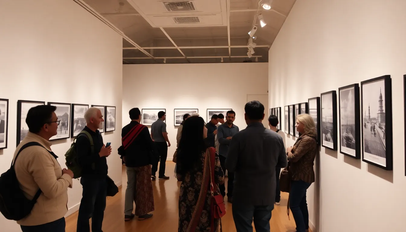A crowd gathers at an exhibition showcasing the works of Raghu Rai, admiring his photographs that capture the essence of Indian life and culture.