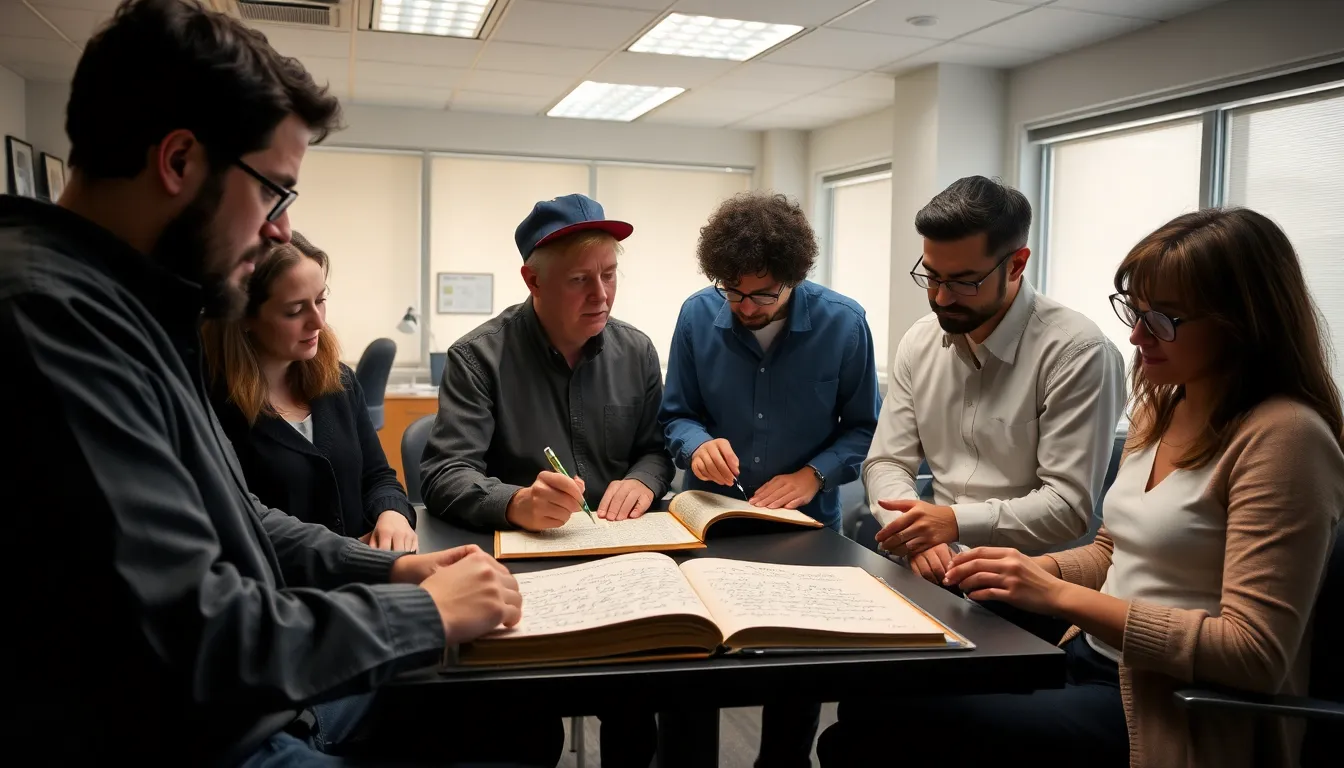 A group of excited fans gathers outside a museum, eagerly discussing the recently discovered draft lyrics by Bob Dylan found in an Allen Ginsberg book.
