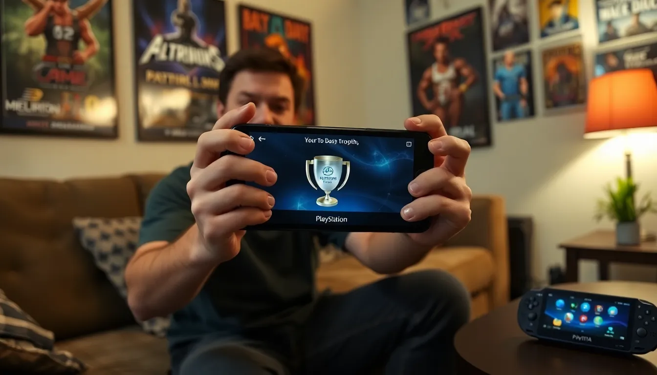 A dedicated gamer celebrates the unlocking of a rare Platinum trophy on the PlayStation Vita after 13 years of effort, surrounded by fellow enthusiasts who share in the excitement of this significant achievement.