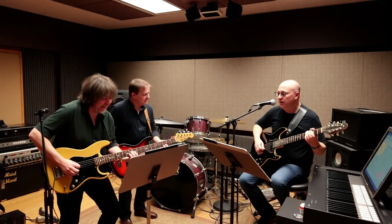 Julia Steiner and Dave Sagan of Ratboys are seen in the recording studio, passionately discussing their new album while surrounded by musical instruments and recording equipment.
