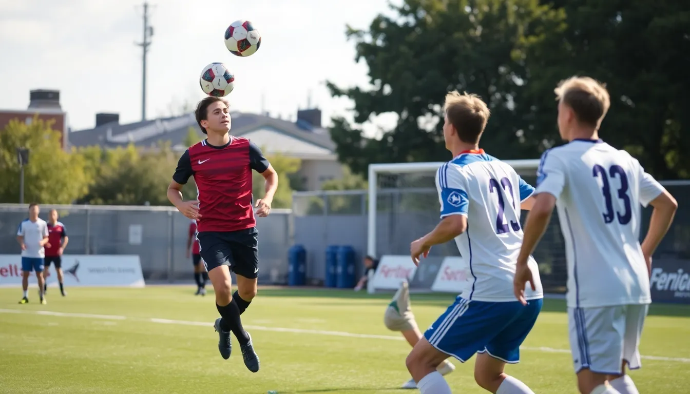 A group of scientists tests a newly designed soccer ball on a field, aiming to demonstrate its ability to reduce the impact on players' heads during heading drills.