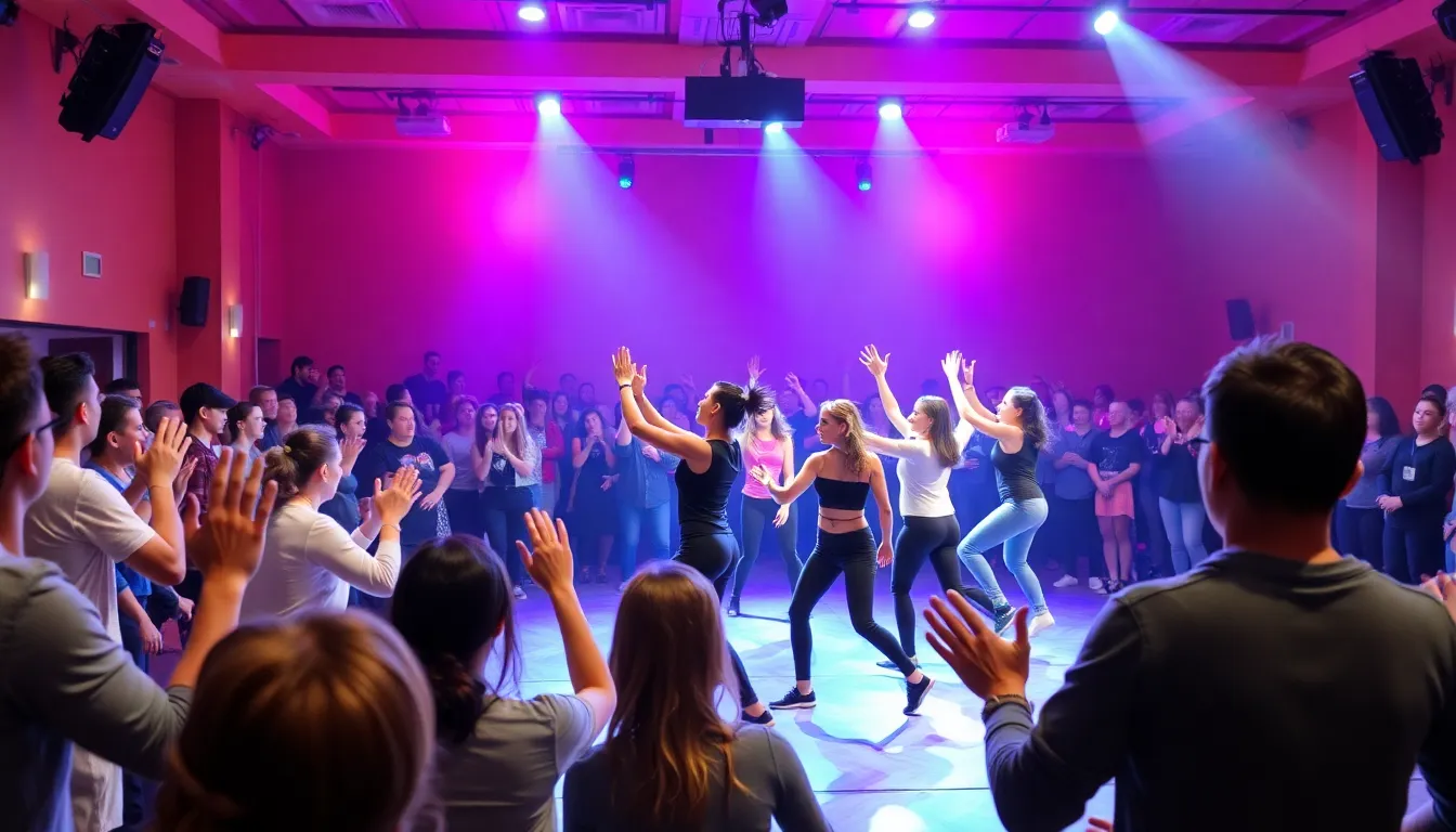 A diverse audience watches an innovative contemporary dance performance at Gibney Dance, highlighting emerging choreographers and the intersection of movement, identity, and technology.