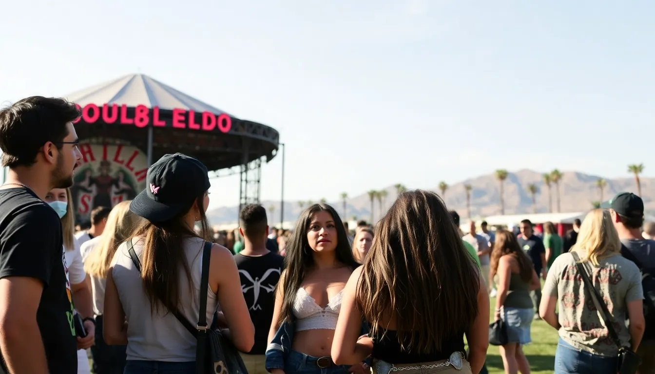 Rezz sits on a stage with a solemn expression, surrounded by colorful stage lights and equipment, as she announces her cancellation of the Coachella performance due to health issues.