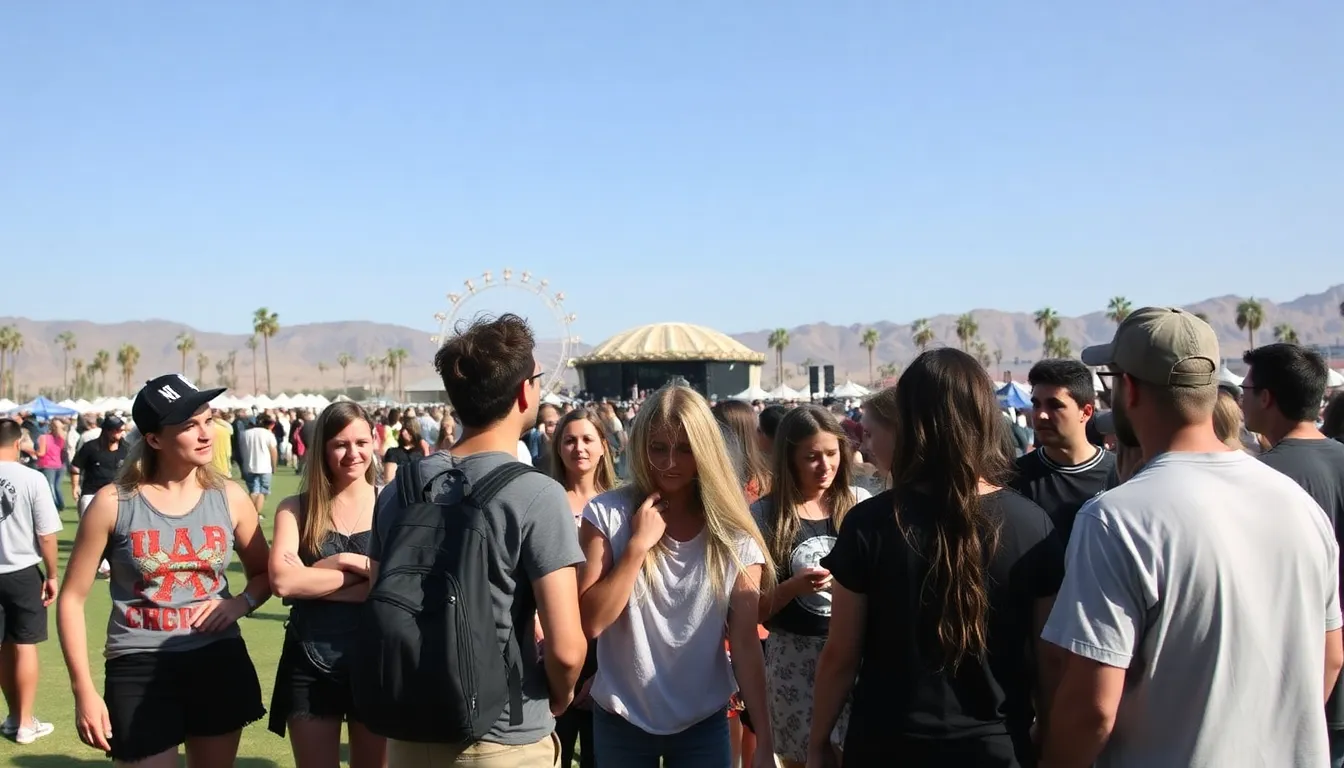 A vibrant scene from Coachella, featuring a diverse lineup of artists performing on stage, highlighting the festival's dynamic musical landscape