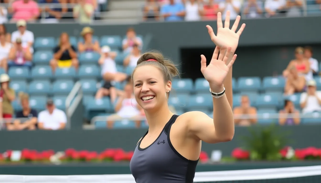 Elena Rybakina celebrates her victory over Jessica Pegula after winning the quarterfinal match at the Miami Open, with the scoreboard displaying the final score of 76(3), 64 in the background.