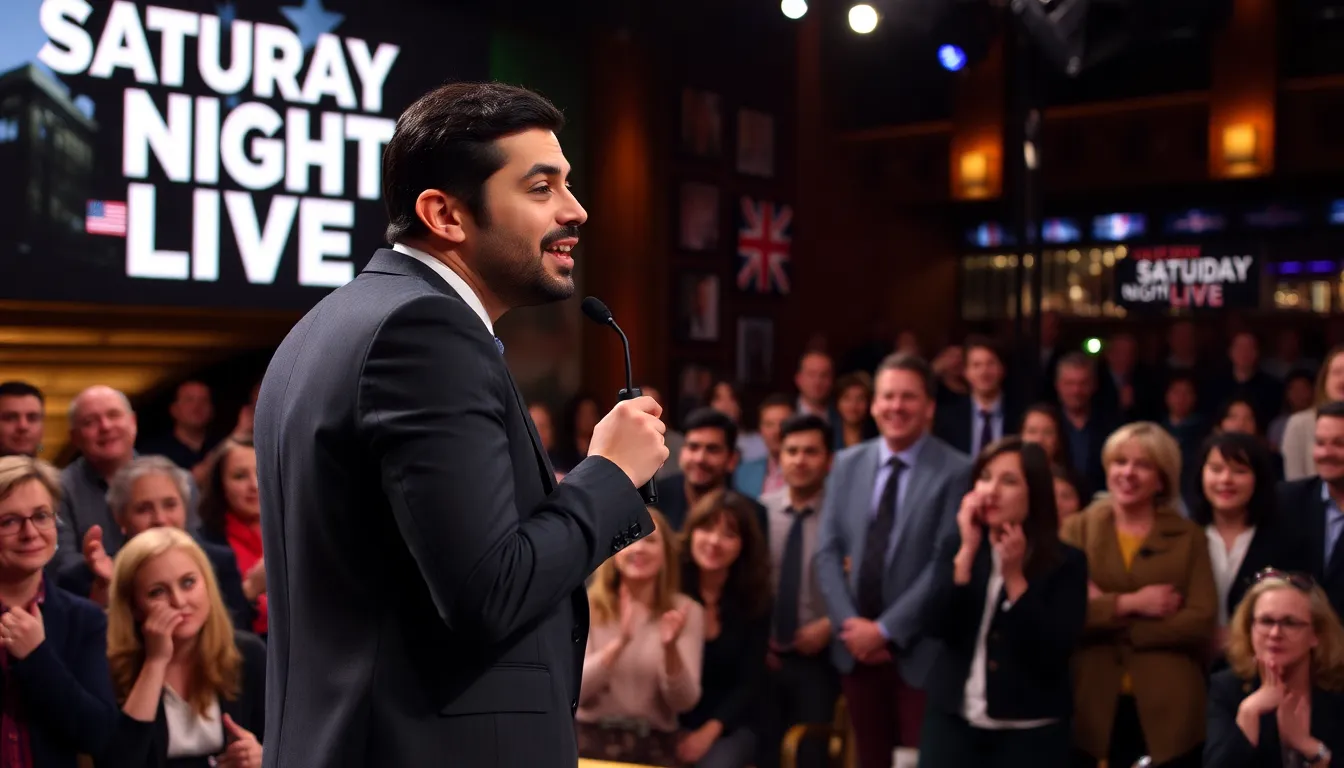Riz Ahmed stands on stage during his opening monologue on Saturday Night Live UK, engaging the audience with humorous critiques of British culture and societal attitudes.
