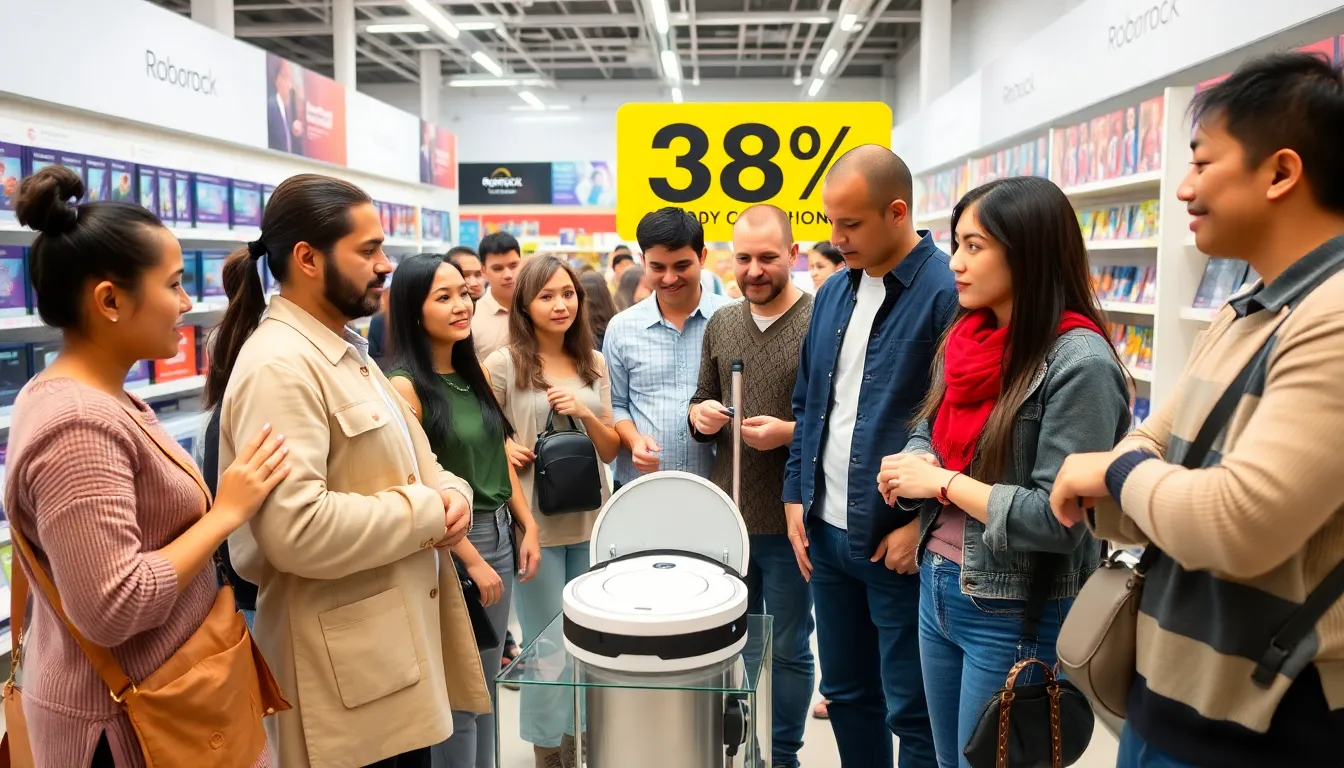 A shopper examines the discounted Roborock vacuum and mop combo on display at a retail store during the fall shopping season.