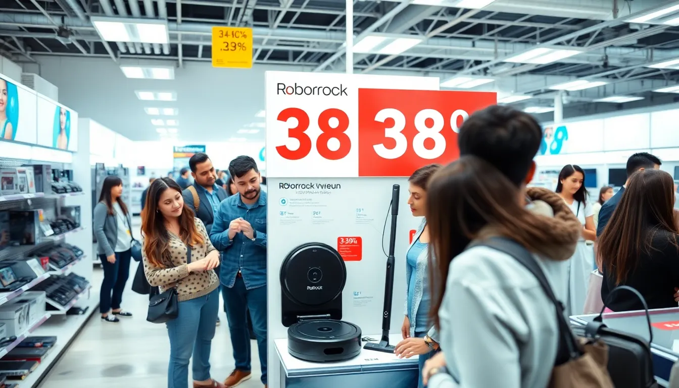 A festive holiday shopping scene with shoppers excitedly exploring discounts on home cleaning products, including the popular Roborock vacuum and mop combo