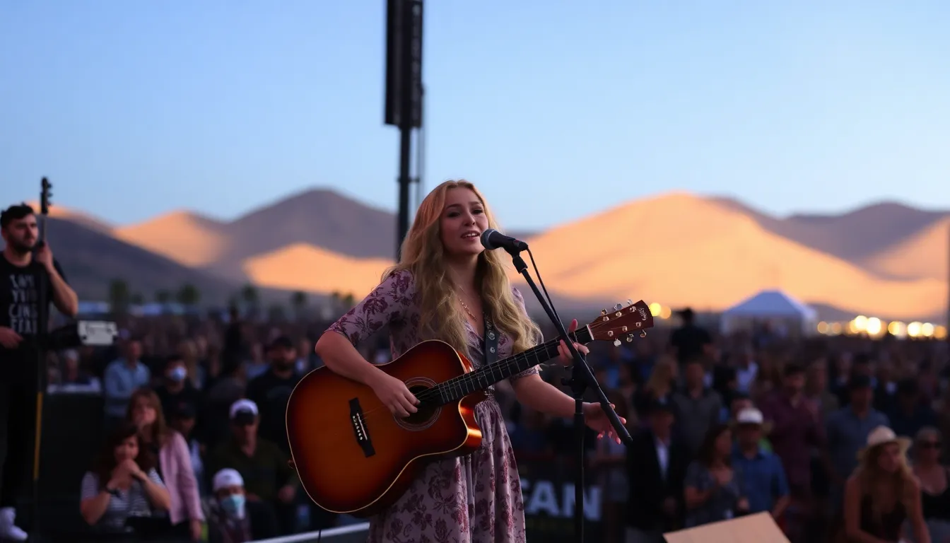 Sabrina Carpenter performs on stage at Coachella, with a crowd of fans reacting to her controversial comments about an Arabic celebration call.