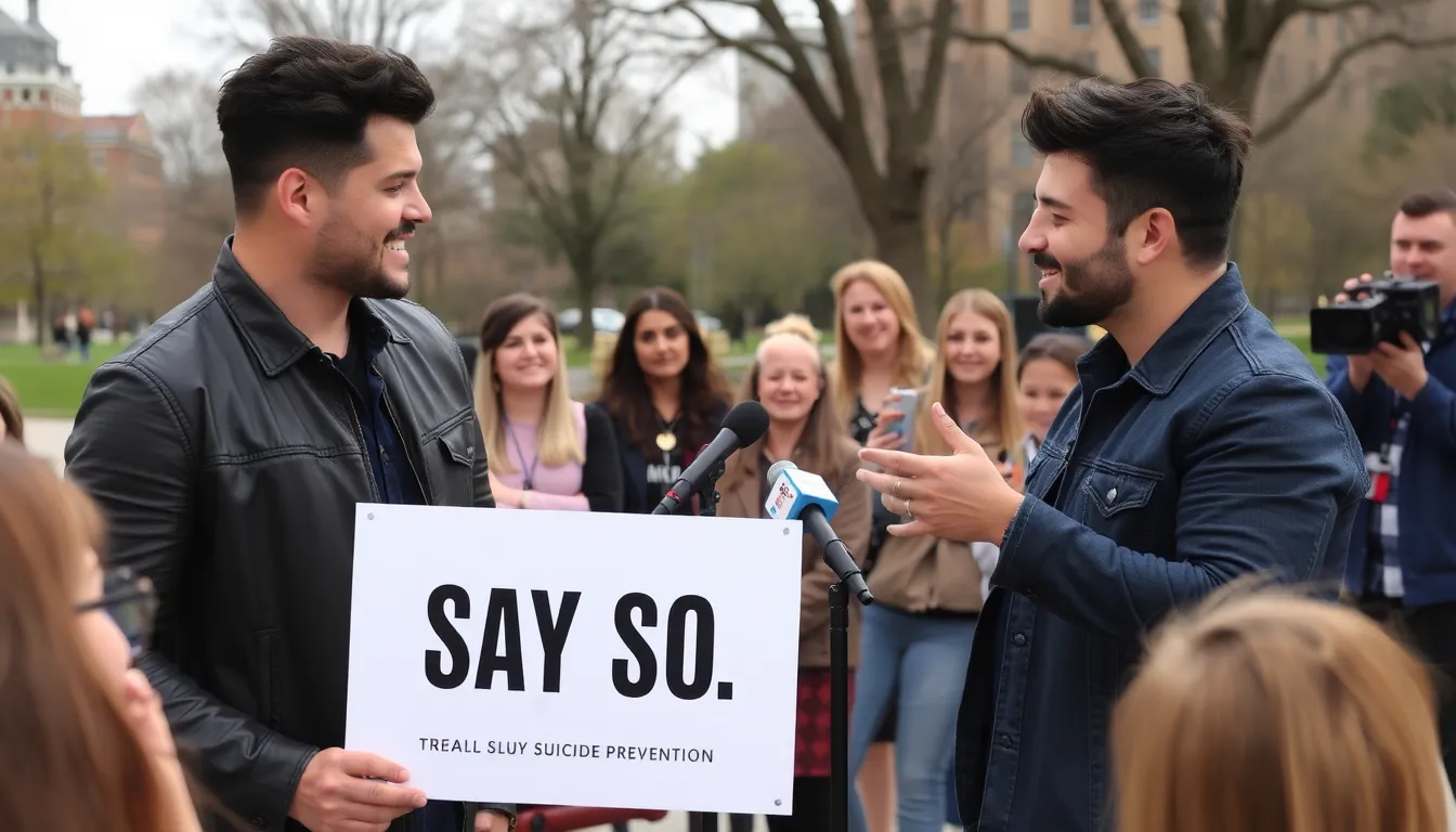 A scene capturing Dan and Shay engaging with fans on social media, encouraging open conversations about mental health and support