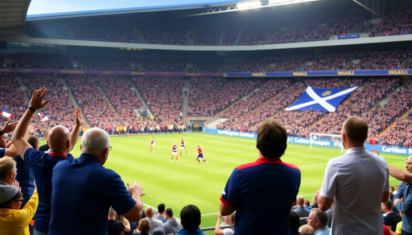 Fans gather in a stadium, wearing team colors and holding banners, as they eagerly await the start of a crucial Scottish Premiership match that could influence the upcoming split in the league.