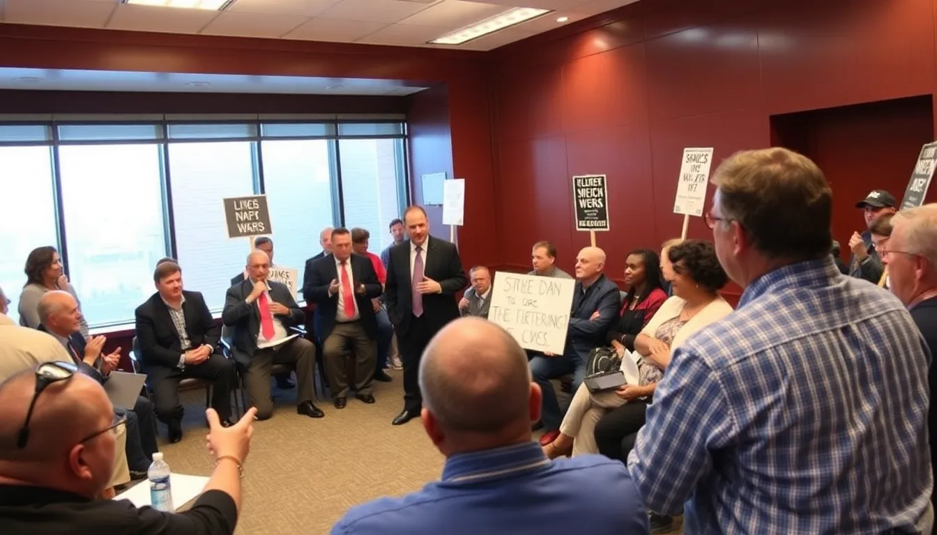 Striking staffers from the Writers Guild of America West holding signs and rallying for better working conditions and fair compensation