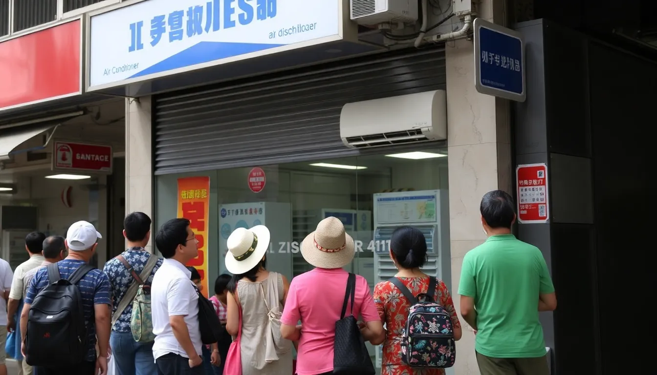 Residents of Singapore gather outside a shopping mall, seeking relief from the sweltering heat as discussions about energysaving measures and rising electricity prices dominate conversations.
