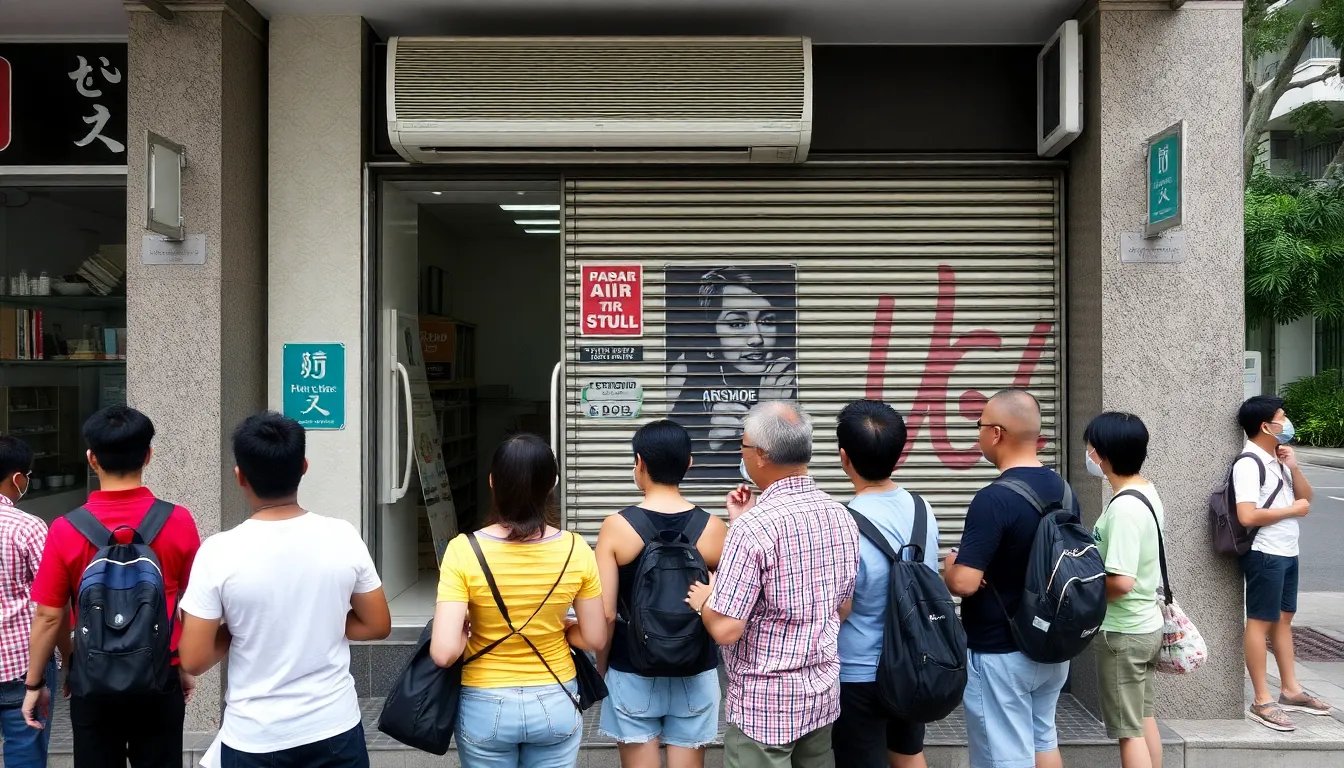 高温多湿の環境の中で、エアコンの必要性を感じる市民が集まる商業地区の風景