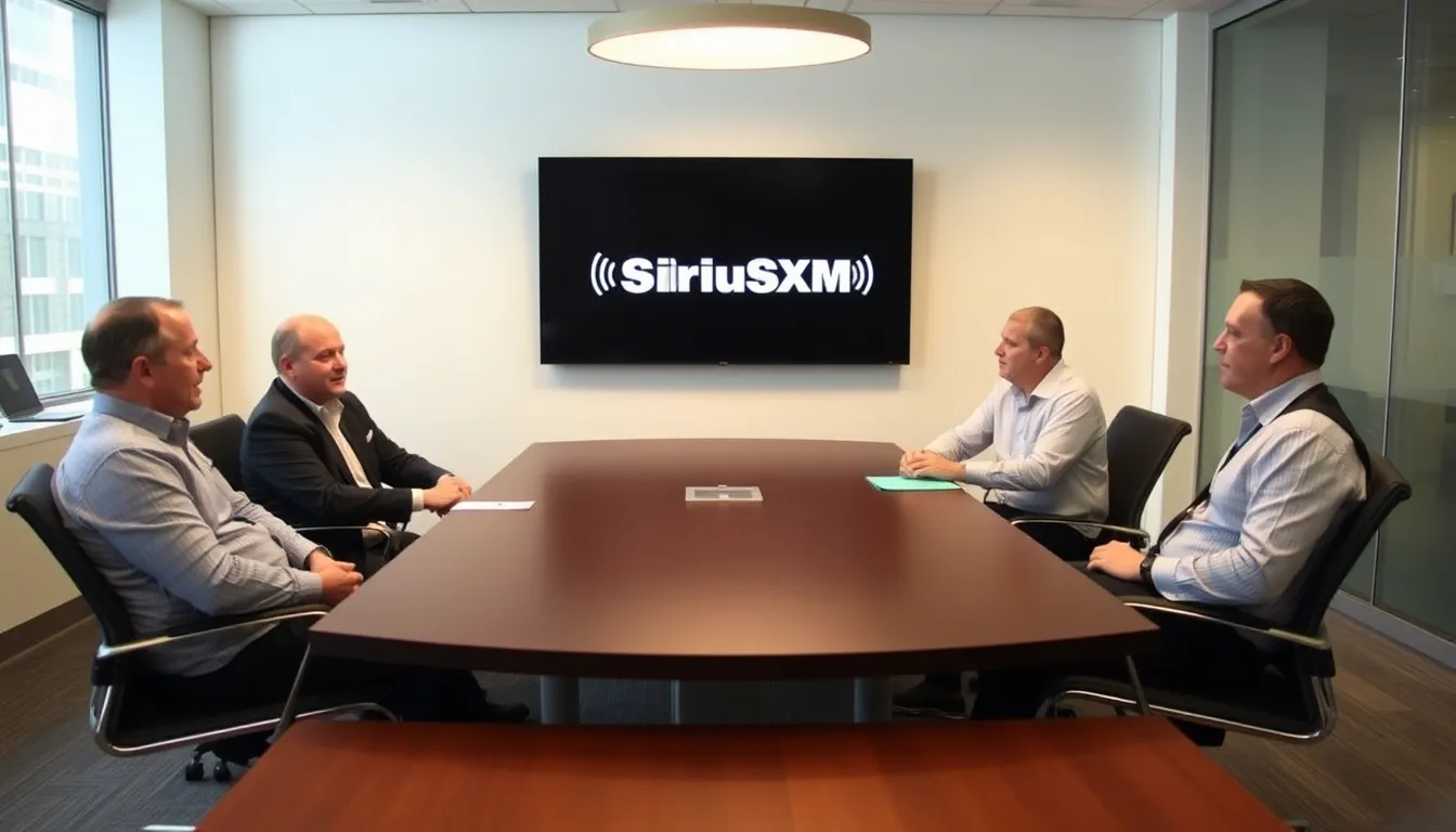 SiriusXM executives are seen discussing potential acquisition strategies in a modern conference room filled with digital displays and charts.