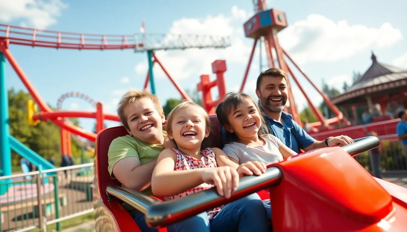 Families enjoy a sunny day at Six Flags amusement park, with children laughing and playing near colorful rides while parents relax nearby.