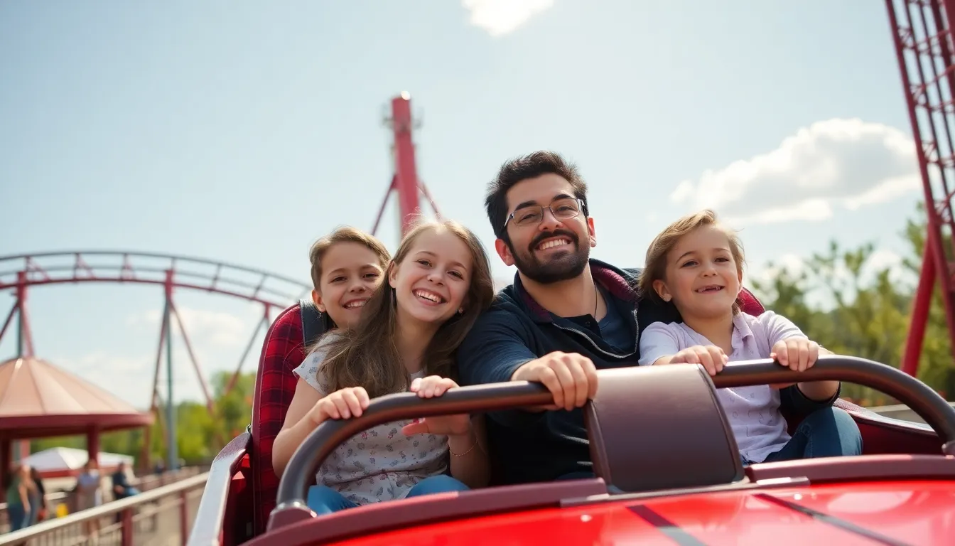 여름철 가족 단위 관광객들이 놀이공원에서 즐거운 시간을 보내고 있는 장면