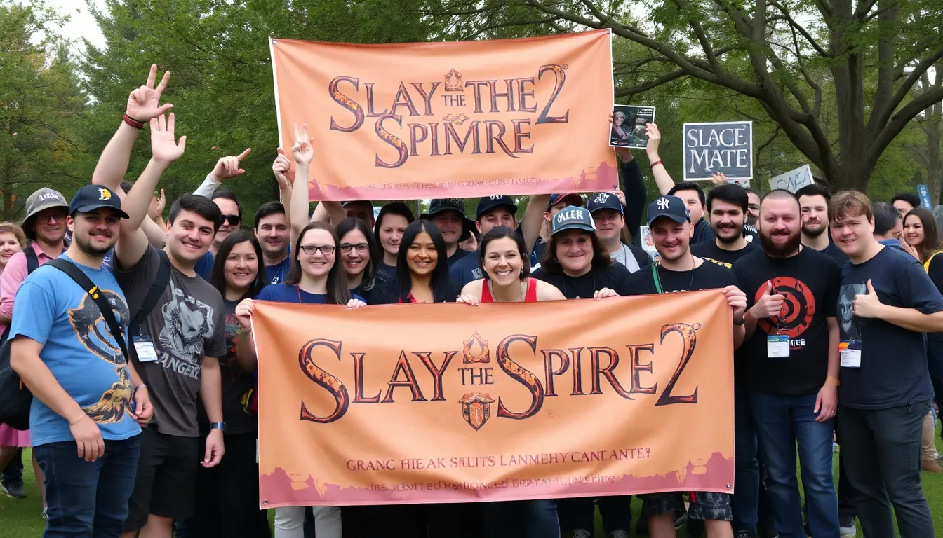 A group of enthusiastic gamers gather around their computers, excitedly discussing the recent success of Slay the Spire 2 as it tops Steam sales charts.
