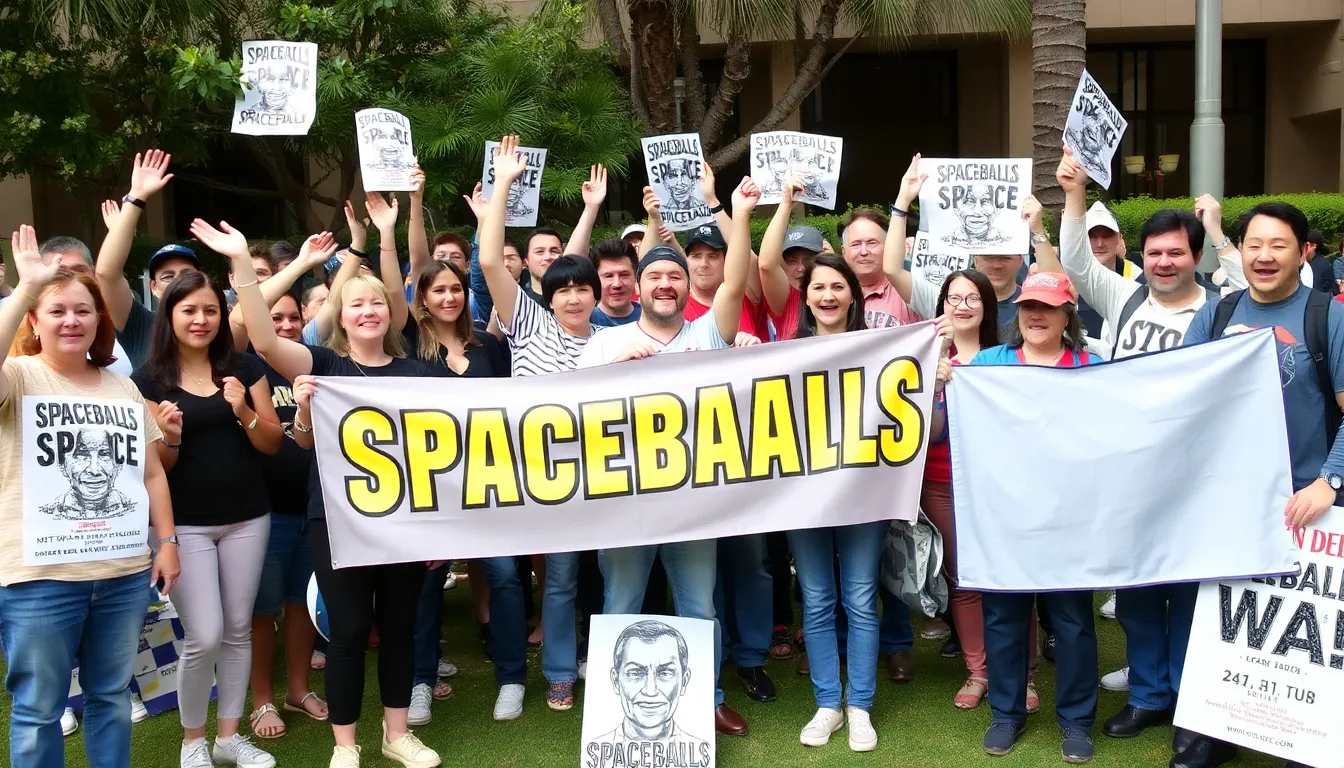 A group of excited fans gathers outside a theater, holding signs celebrating the announcement of the Spaceballs sequel set for release in April 2027.