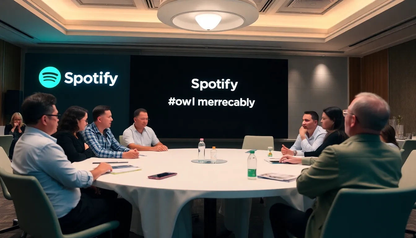 A group of musicians and industry experts gather at a conference to discuss the implications of AIgenerated music on copyright and artist authenticity.