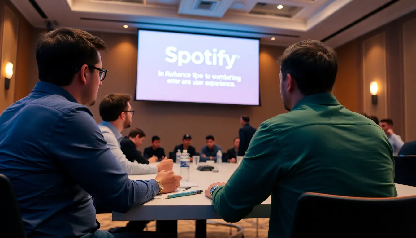 A diverse group of music listeners enjoying playlists on various devices, highlighting the varied preferences and experiences of audiences in the age of AI music