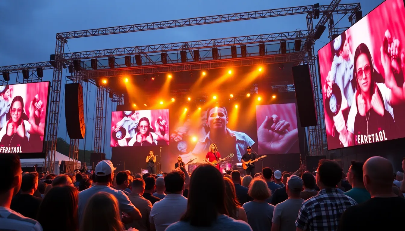 A crowd of enthusiastic fans gathers at the Empire Polo Club in Indio, California, eagerly awaiting the start of the Stagecoach Festival, with colorful banners and festival decorations in the background.