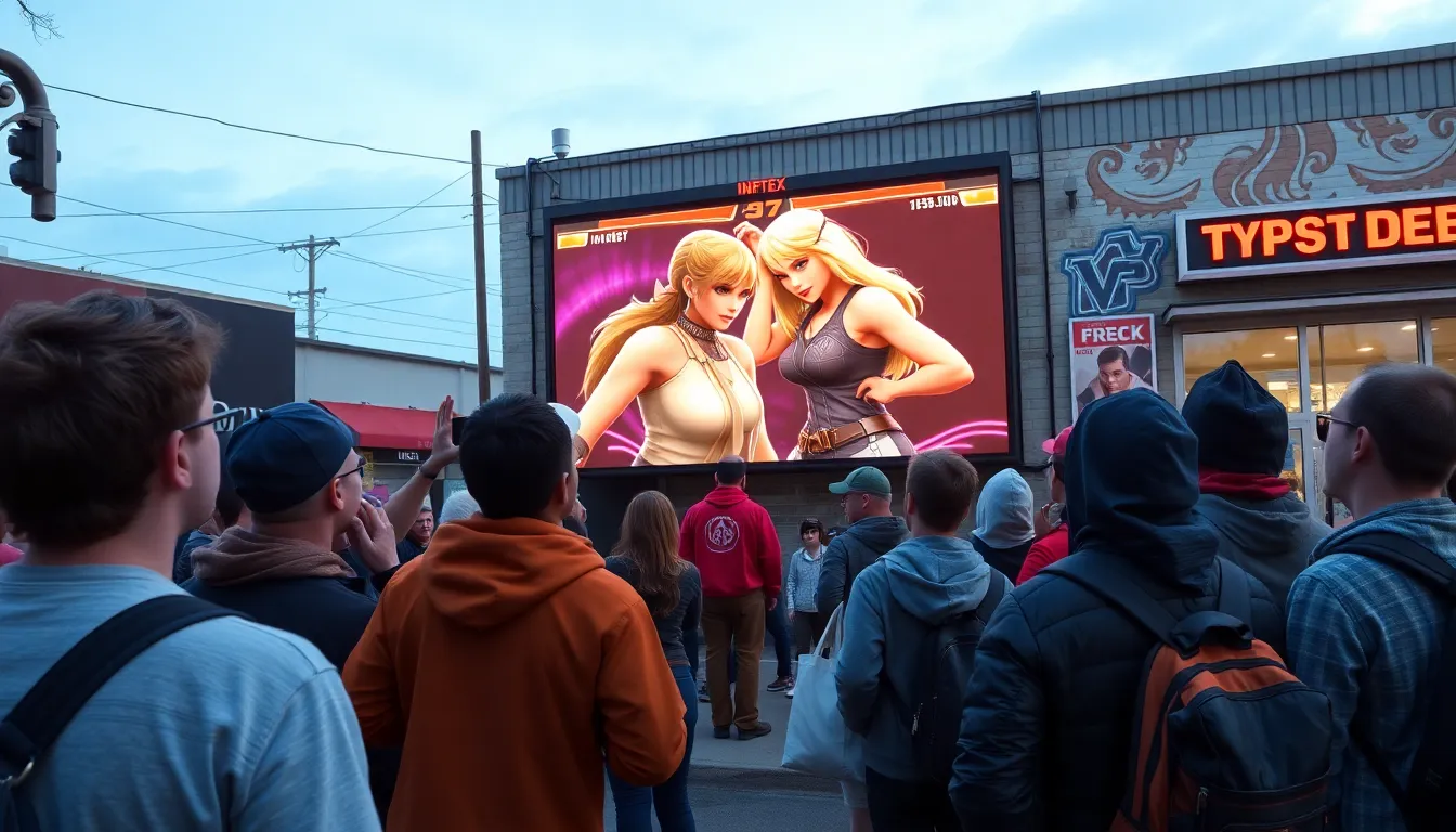 A crowd of enthusiastic gamers gathers around a large screen displaying the new gameplay trailer for Ingrid in Street Fighter 6, with expressions of excitement and anticipation on their faces.