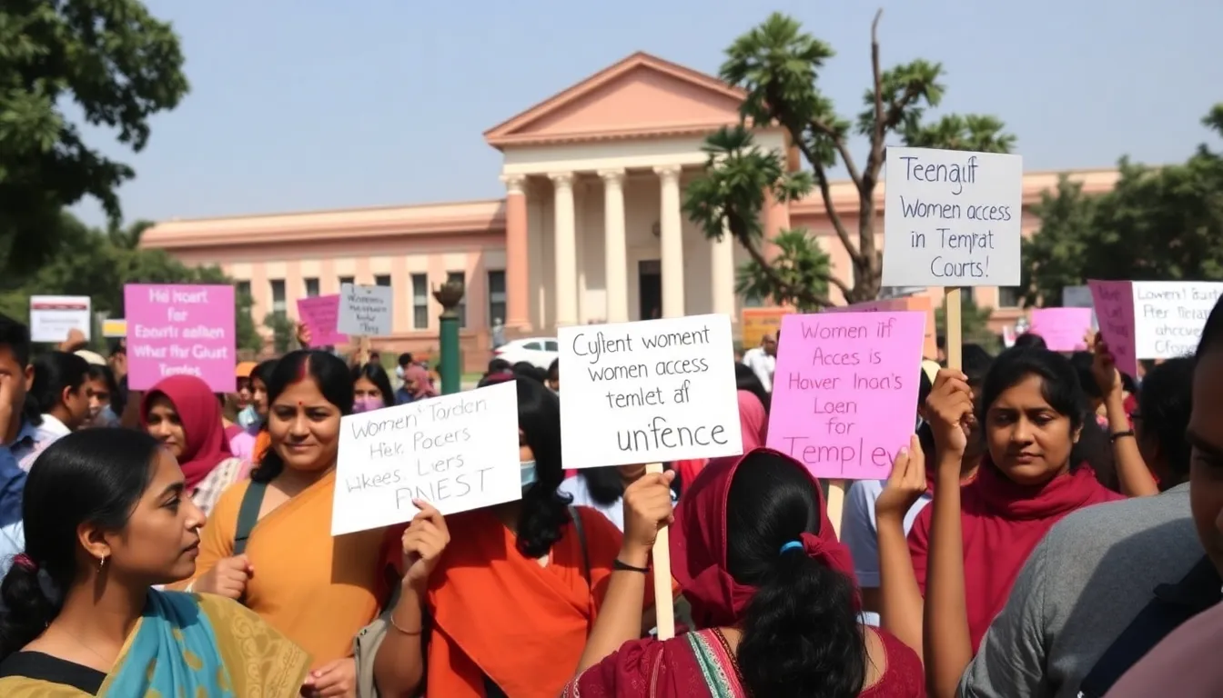 A diverse group of women and men gather outside the Supreme Court of India, holding placards and banners advocating for women's rights to enter temples, as the court hears pivotal arguments on this contentious issue.