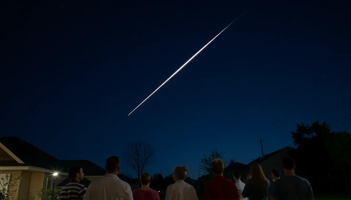 A bright meteorite streaks across the night sky above a small town, captivating onlookers and sparking interest among astronomy enthusiasts.