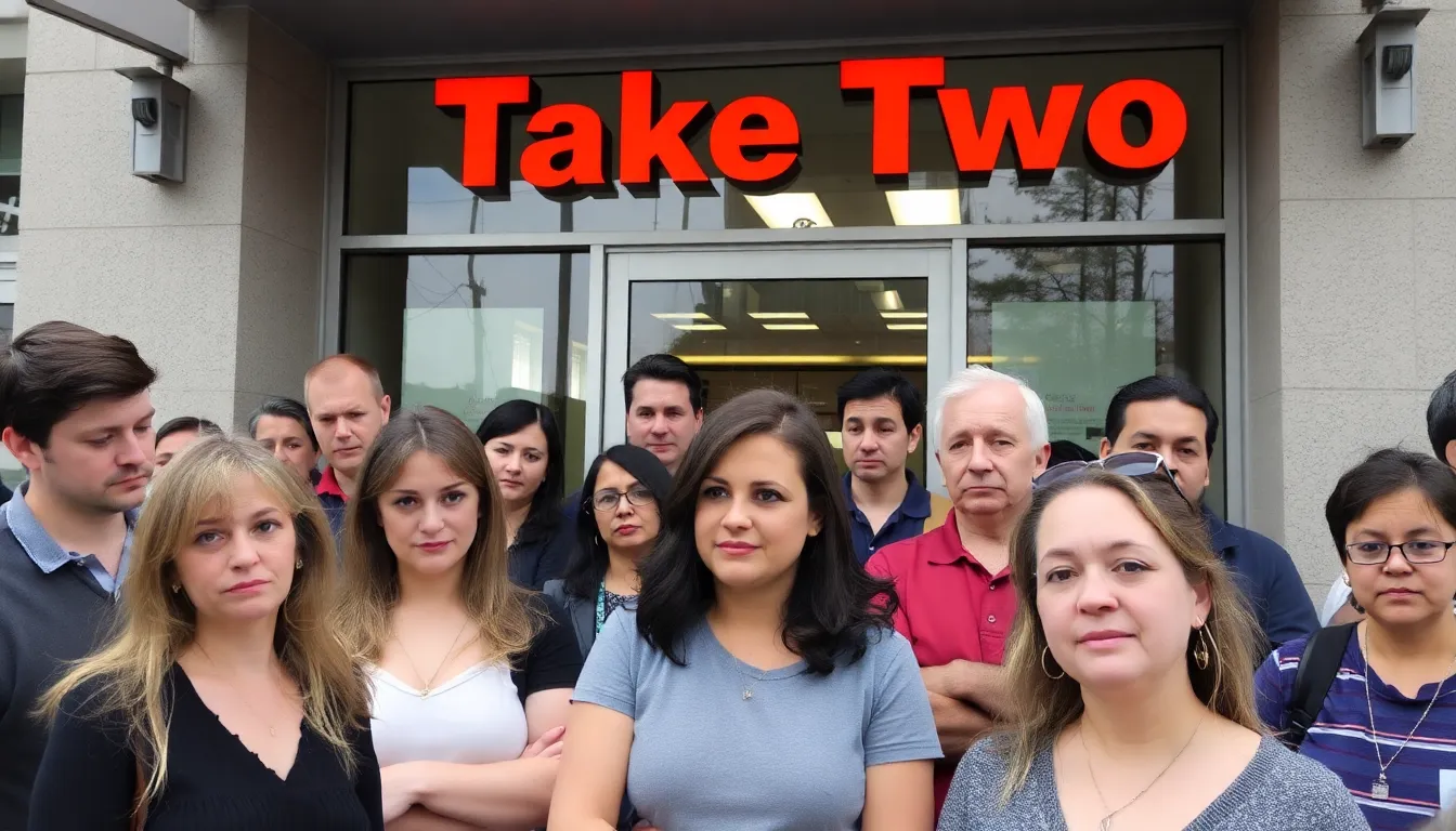 A group of TakeTwo Interactive employees gathers outside the company's headquarters, expressing their concerns and frustrations following the announcement of layoffs in the AI division.