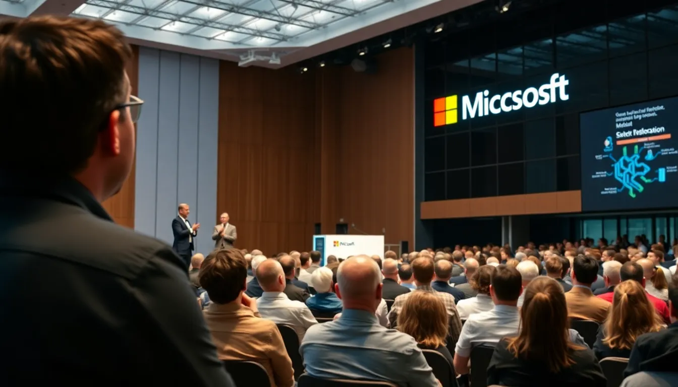 A group of engineers discusses the latest advancements in artificial intelligence at a tech conference, surrounded by displays showcasing innovative products and solutions.