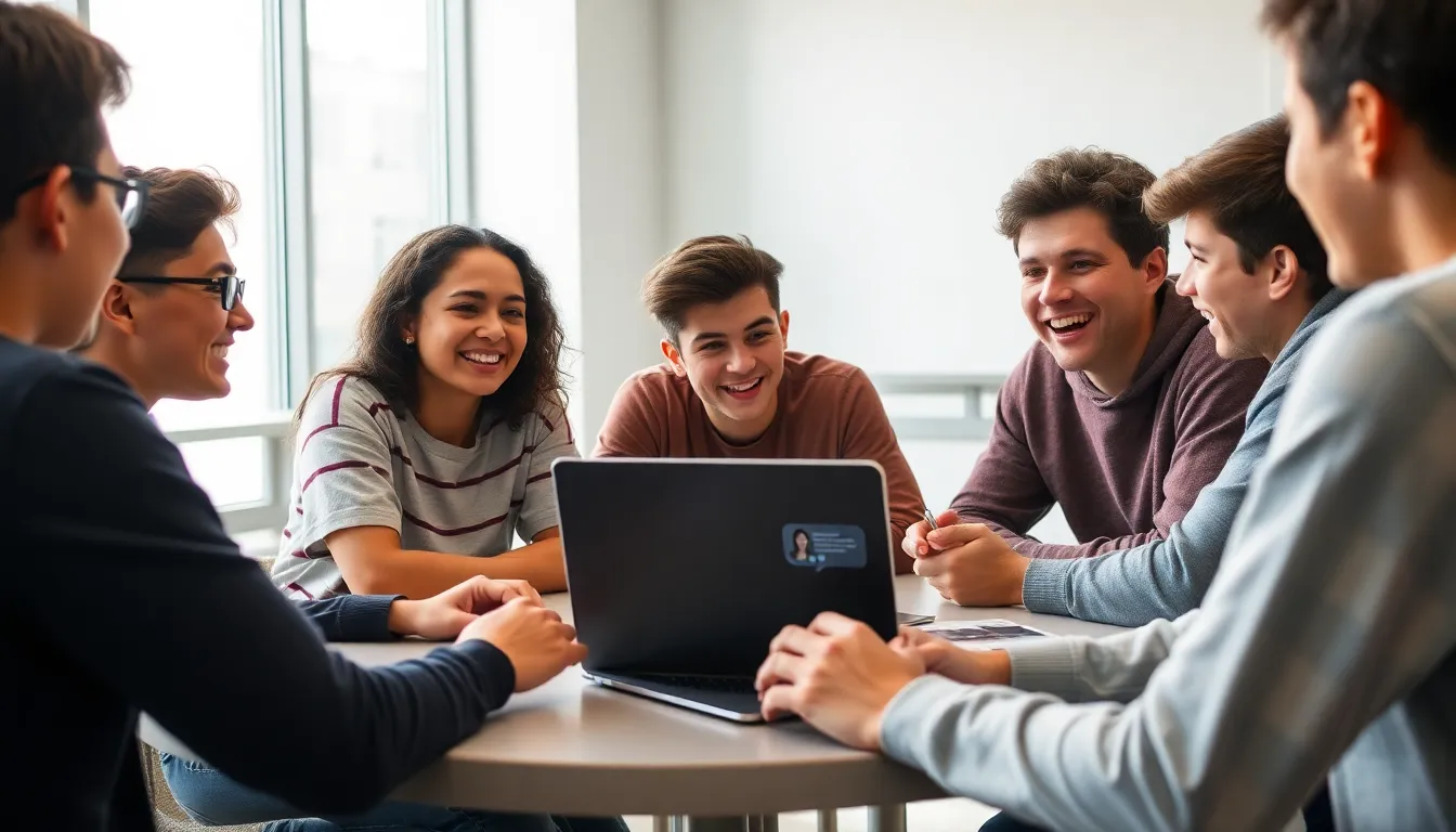 A group of teenagers sits in a cozy living room, each engaged with their devices as they interact with roleplaying chatbots, showcasing the growing trend of digital communication among adolescents.