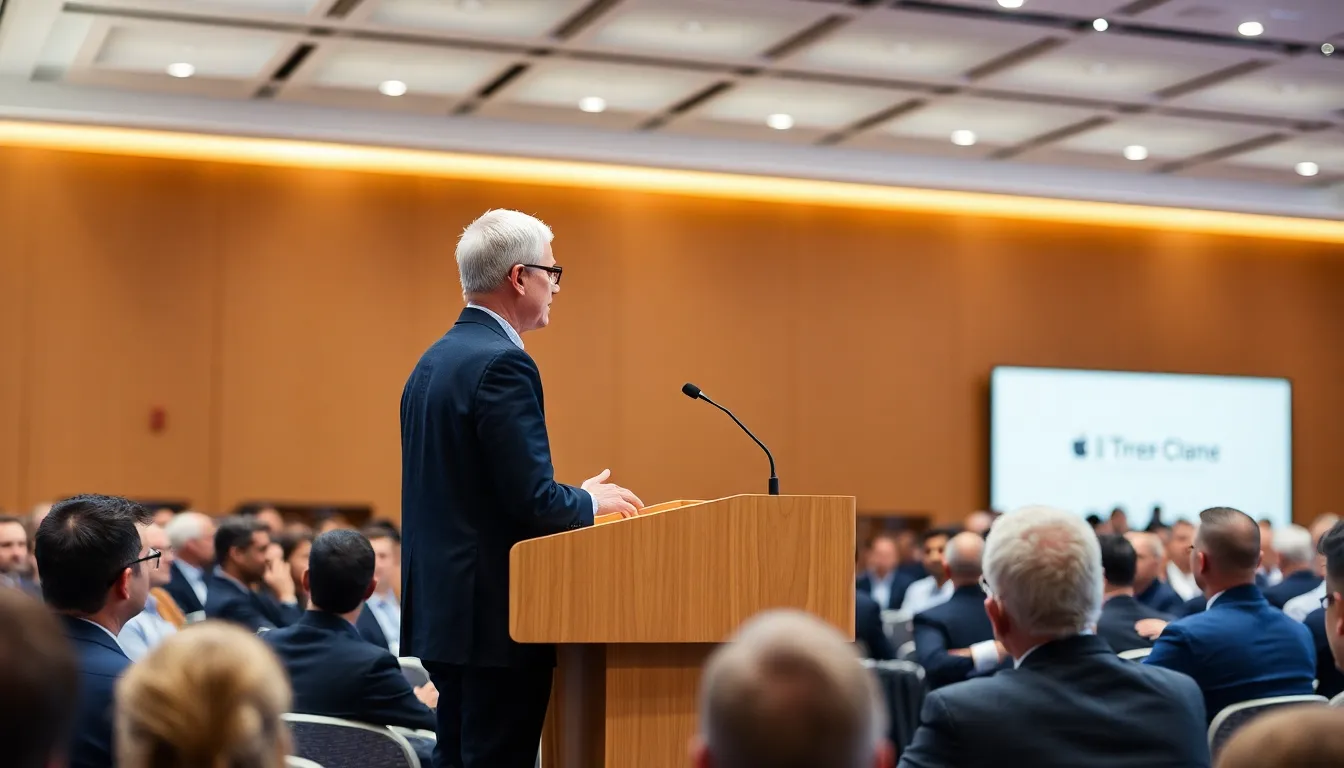 Tim Cook speaks at a conference while Andrew Yang and a representative from HatGPT listen intently, highlighting the discussion on technology's role in economic equity and the future of work.