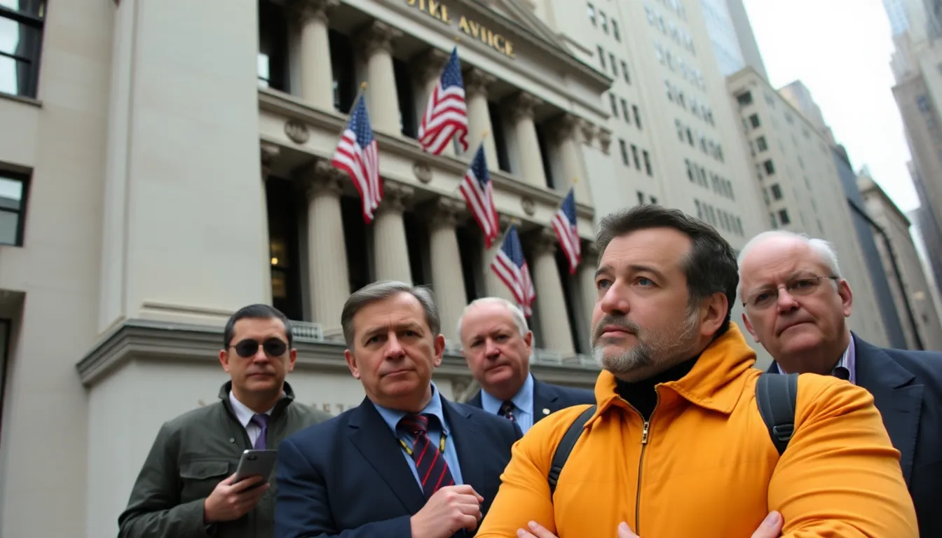 Traders observe screens displaying declining stock prices in a busy financial district following President Trump's address about Iran.