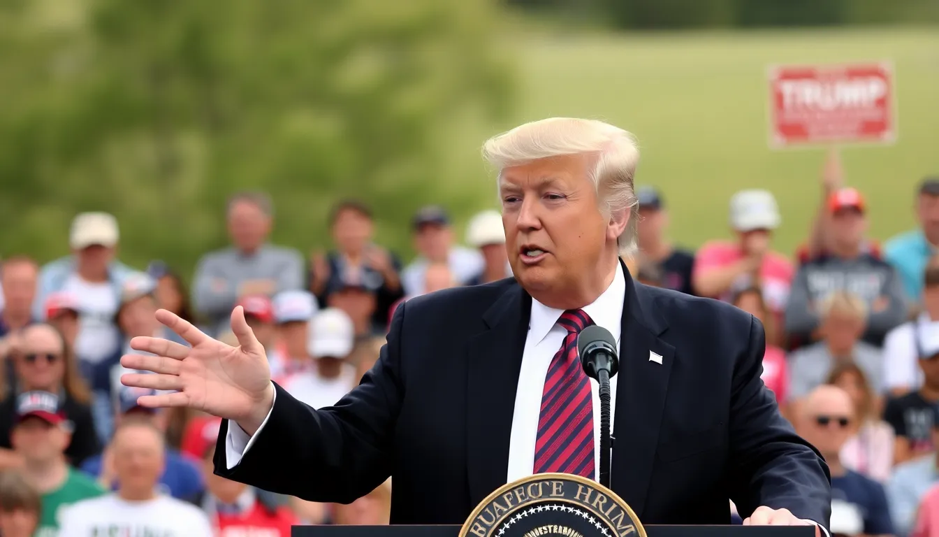A crowd of supporters listens intently as former President Donald Trump delivers a controversial speech at a rally, with banners and signs expressing various political sentiments in the background.