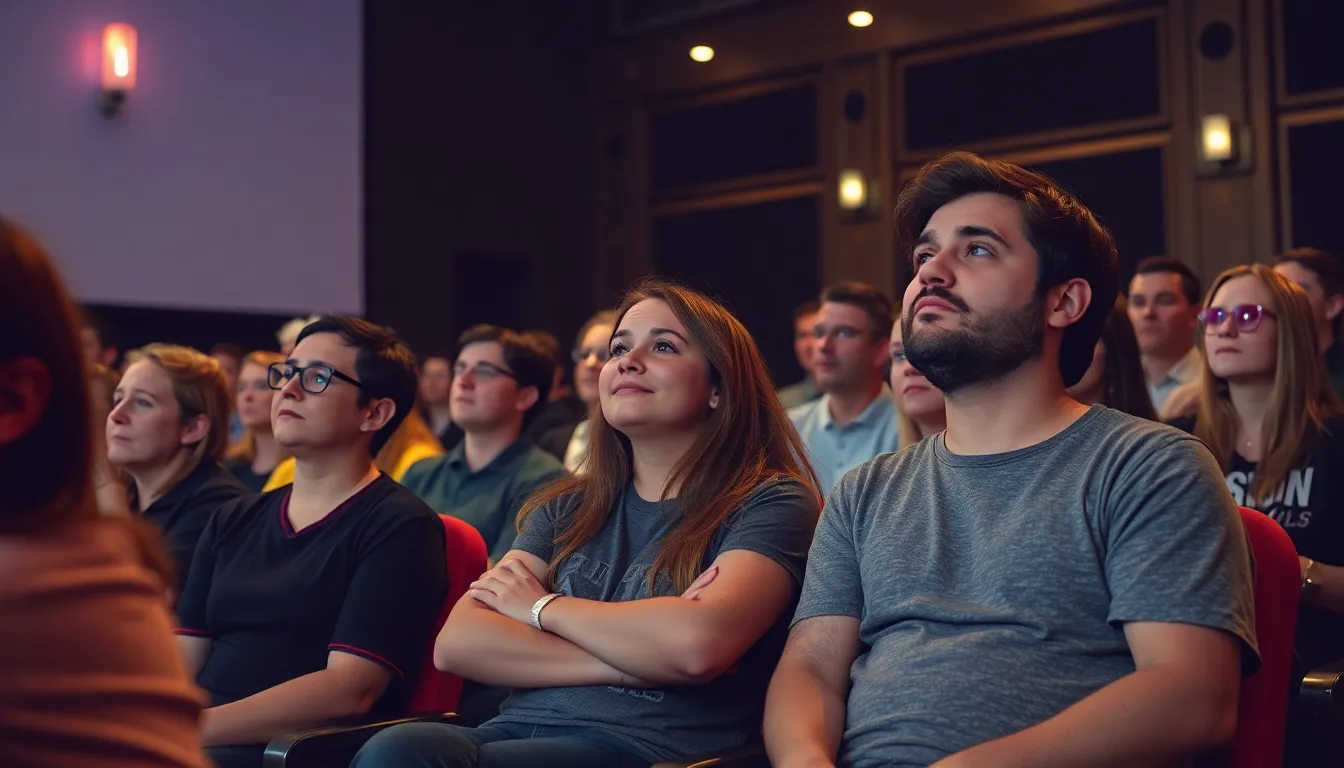 A group of gamers enthusiastically discusses the latest turnbased RPG musical, surrounded by posters and merchandise from the game, while a large screen displays gameplay footage in the background.