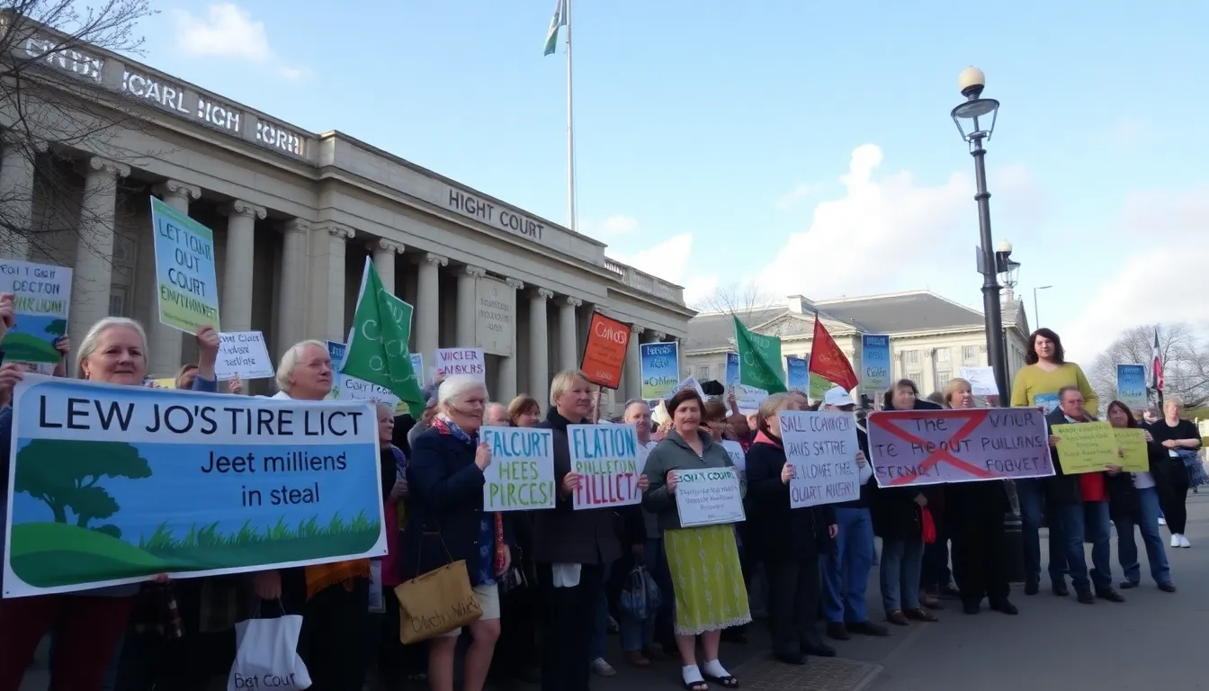 A group of over 1,000 claimants gathers outside the High Court in London, holding banners and signs to protest against a major energy company accused of causing significant environmental damage.