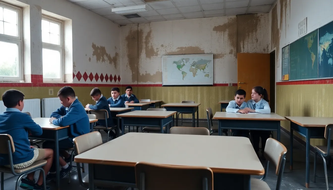 Students and teachers navigate a damp and poorly maintained classroom, highlighting the urgent need for repairs in England's schools.