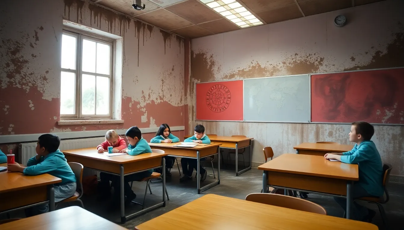 학부모와 지역 사회 구성원들이 학교 시설 개선을 요구하는 집회에 참여하고 있는 모습