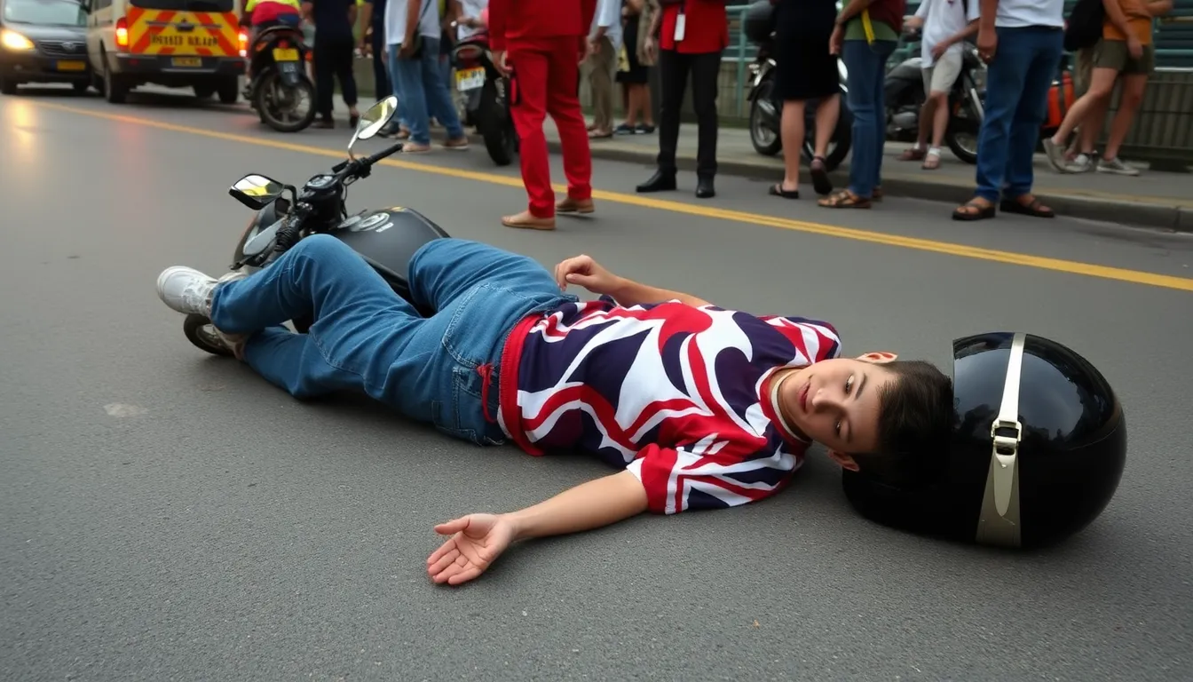 A crowd gathers near the scene of a motorbike accident in Da Nang, Vietnam, where a British teenager tragically lost his life.