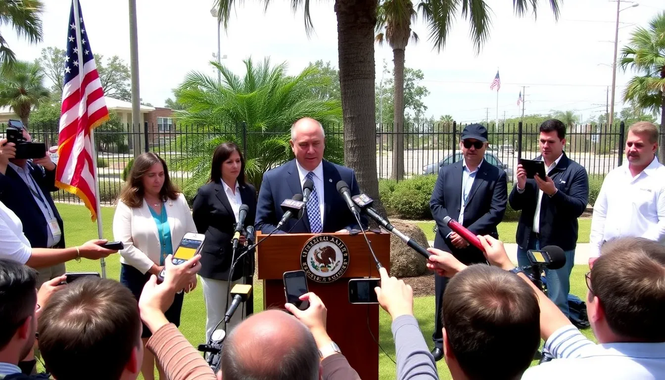 A group of law enforcement officials stands outside a courthouse, discussing the recent charges against the governor of Tamaulipas and other Mexican leaders for their alleged connections to the Gulf Cartel.