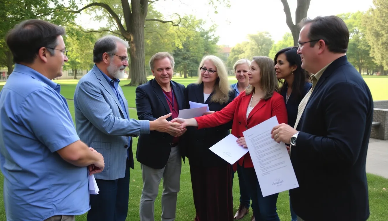 A diverse assembly of writers discussing the importance of job security and equitable pay, emphasizing the ongoing challenges faced in a rapidly changing media environment