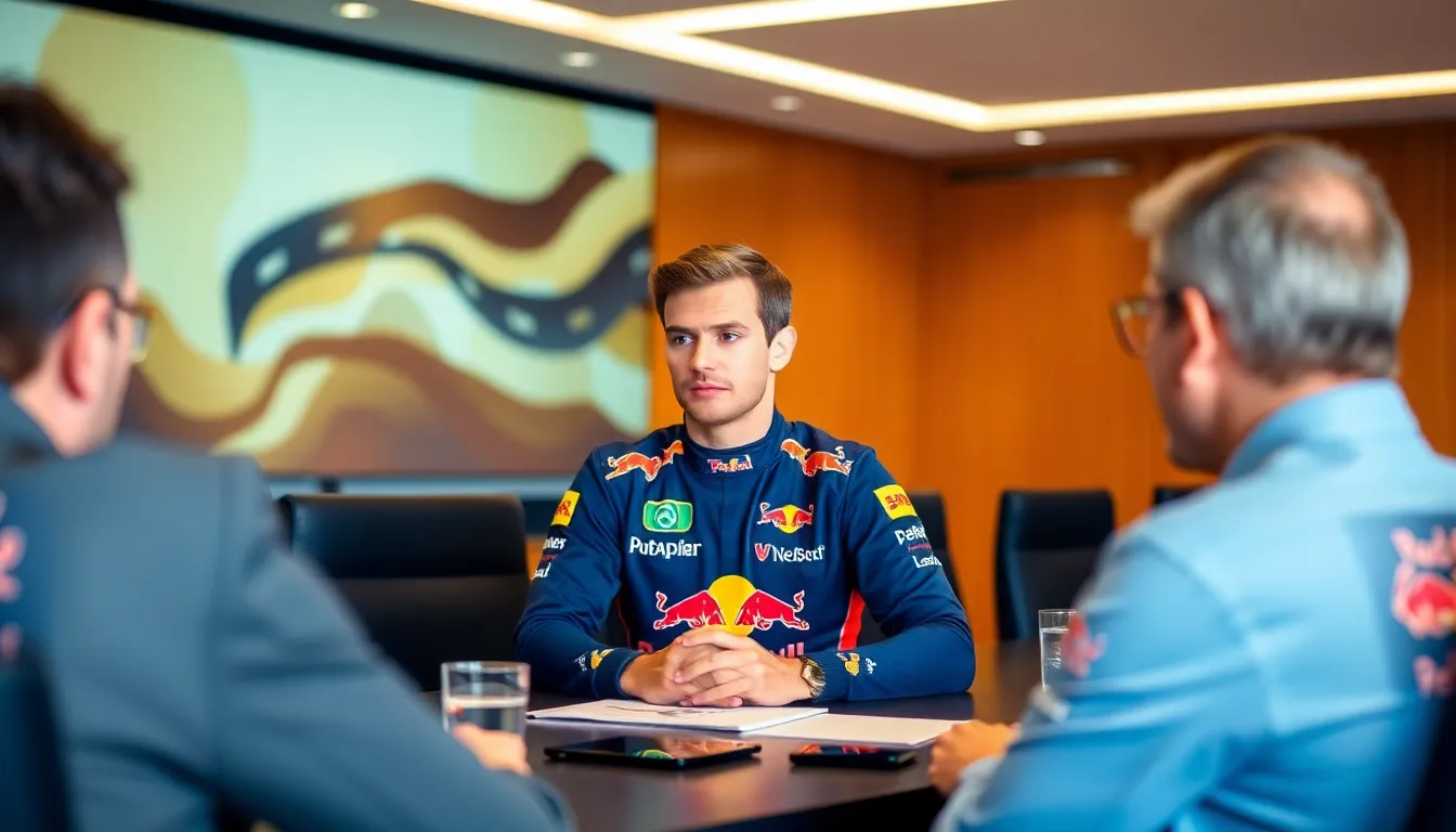 Max Verstappen is seen discussing his aspirations to compete in Japan's Super GT series while surrounded by racing equipment and team members at a Formula 1 event.