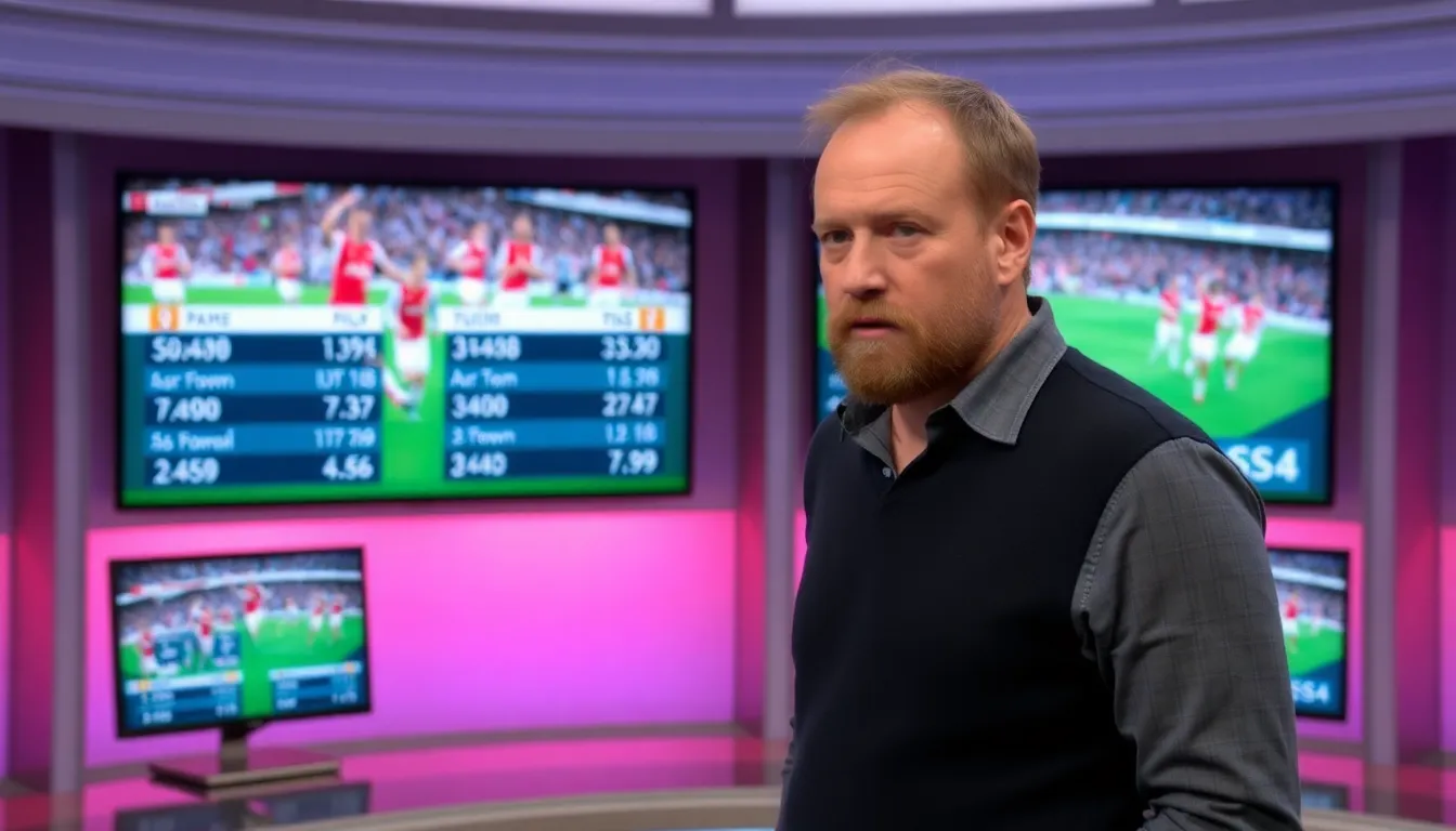 Alan Shearer gestures expressively while discussing Arsenal's recent struggles during a sports analysis segment on television.