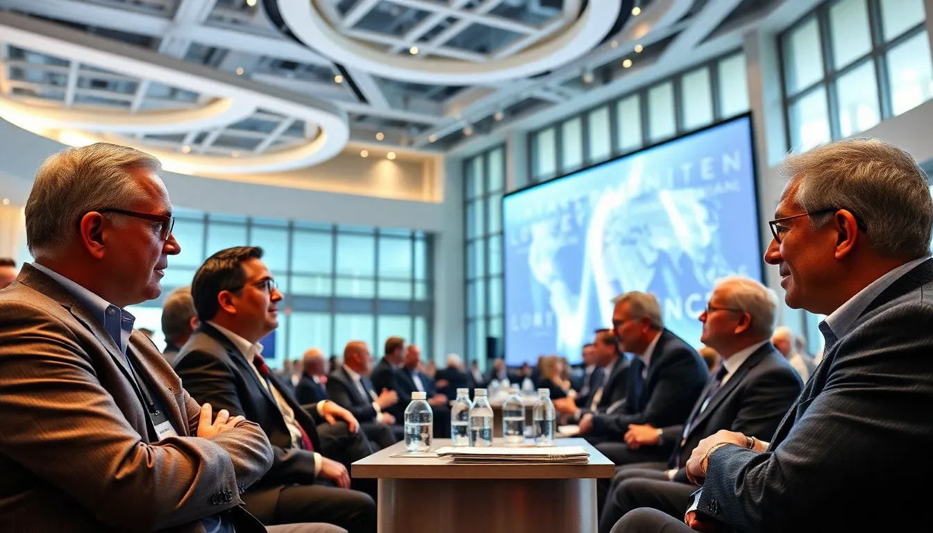 A group of affluent individuals gathers at a highprofile conference, discussing the latest advancements in longevity research and biotechnology aimed at extending human lifespan.