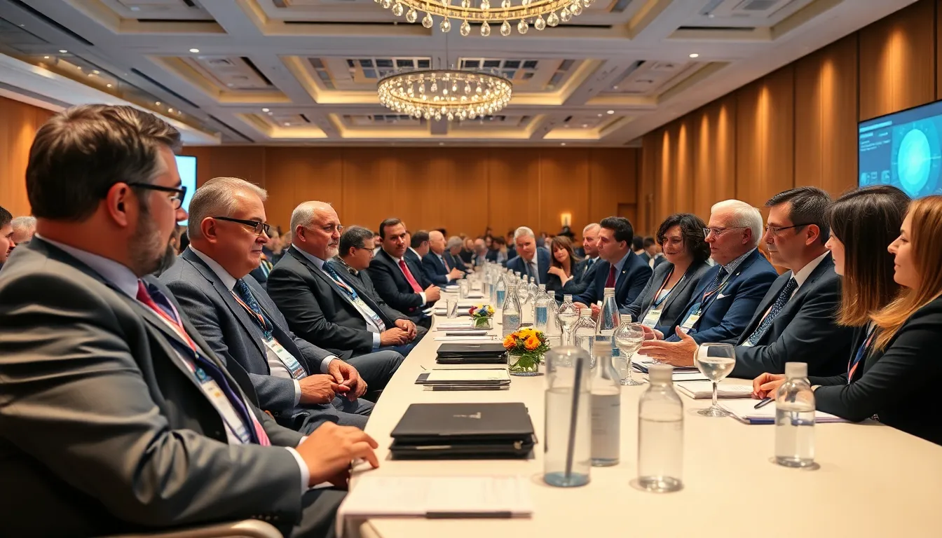 A wealthy investor discussing funding opportunities with scientists at a longevity research conference, highlighting the intersection of wealth and health