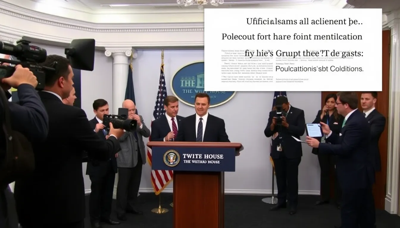 A group of officials at a press conference discusses the implications of a White House memo detailing allegations of AI technology theft by Chinese firms, with a backdrop of the U.S. flag and reporters taking notes.