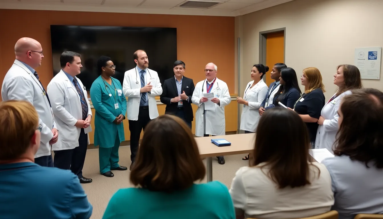 A healthcare professional speaks to a group of individuals at a community event aimed at raising awareness about the importance of organ donation.