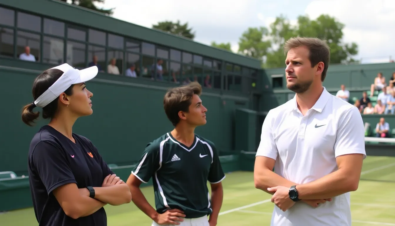 A tennis player gestures towards the umpire while discussing a call during a match at Wimbledon, highlighting the upcoming introduction of video review technology for enhanced officiating.